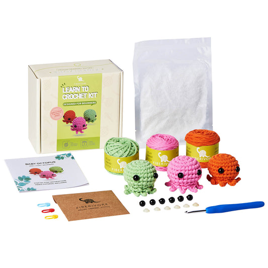 Crochet Kit for Beginners, Learn to Crochet Kits for Adults and Kids, Animal Amigurumi Crochet Kit with Step-by-Step Video Tutorials for Right- and Left-Handed People, Baby Octopus