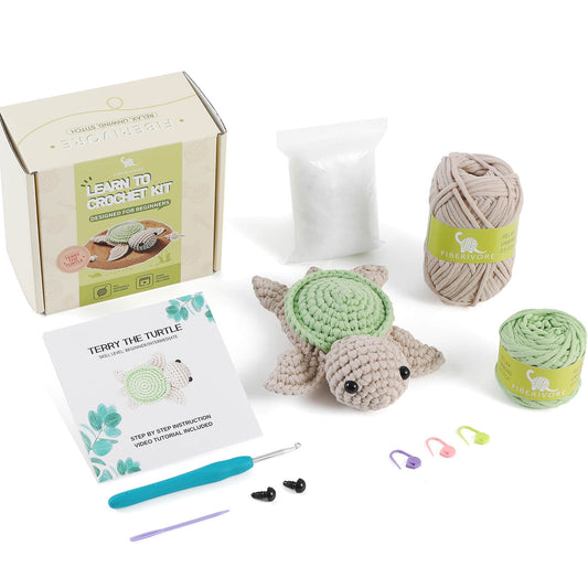 Crochet Kit for Beginners, Learn to Crochet Kits for Adults and Kids, Animal Amigurumi Crochet Kit with Step-by-Step Video Tutorials for Right- and Left-Handed People, Terry The Turtle Kit