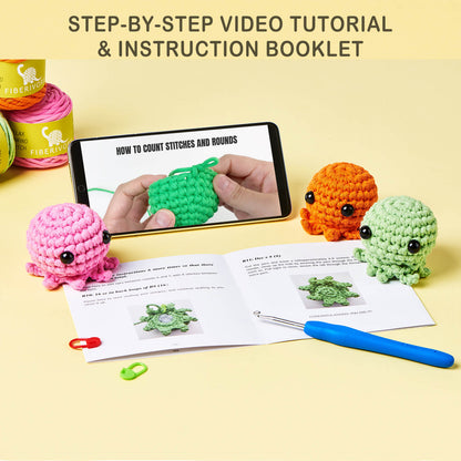 Crochet Kit for Beginners, Learn to Crochet Kits for Adults and Kids, Animal Amigurumi Crochet Kit with Step-by-Step Video Tutorials for Right- and Left-Handed People, Baby Octopus