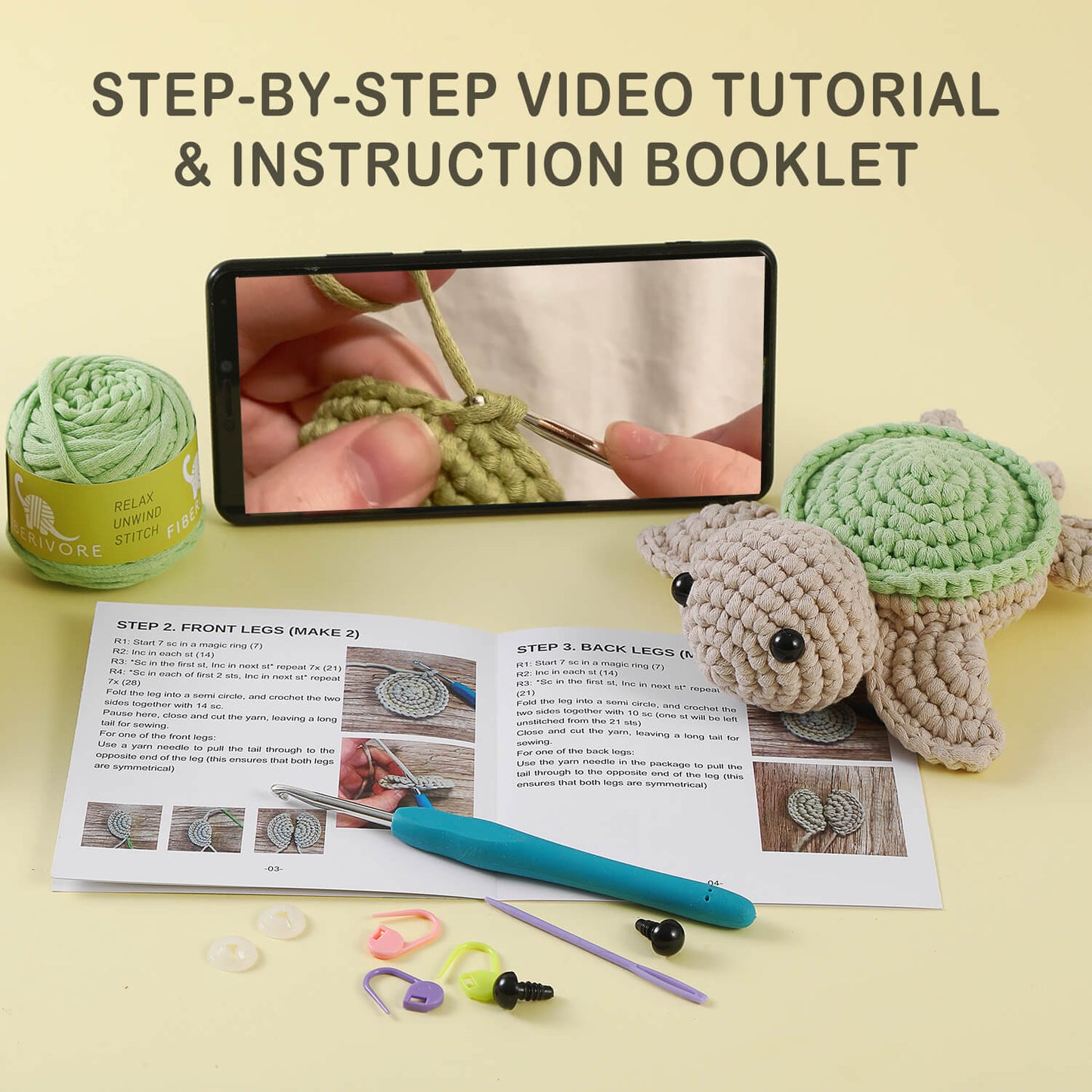 Crochet Kit for Beginners, Learn to Crochet Kits for Adults and Kids, Animal Amigurumi Crochet Kit with Step-by-Step Video Tutorials for Right- and Left-Handed People, Terry The Turtle Kit