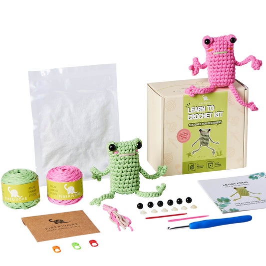 Crochet Kit for Beginners, Learn to Crochet Kits for Adults and Kids, Animal Amigurumi Crochet Kit with Step-by-Step Video Tutorials for Right- and Left-Handed People, Leggy Frog Kit